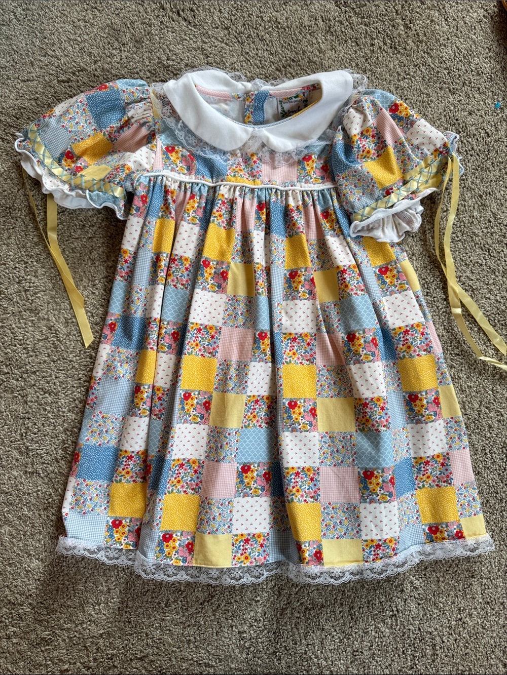 Saving Grace Smocks Patchwork Dress with Ribbons for bows on the sleeves